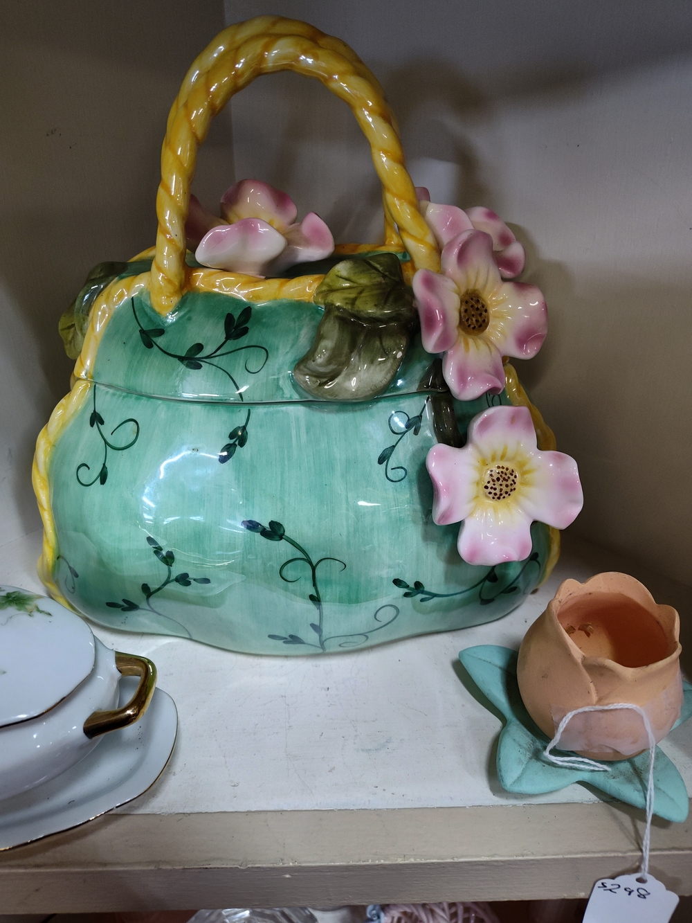 Decorative Mint Green Floral Ceramic Handbag Figurine with Pink Flowers
